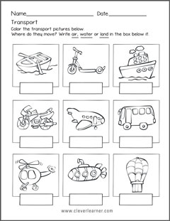 Water, air, land transport worksheets for first grade kids