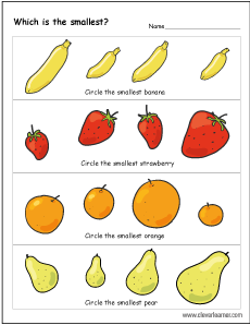 Free and fun fruit sizes math first grade worksheets