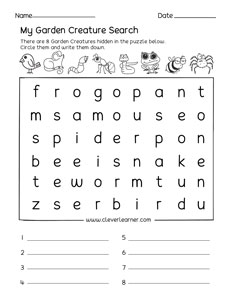 Garden animals activity worksheets for kindergarten kids