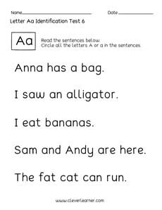 Preschool Letter A identification test sheet