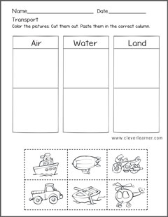Kinds or transport worksheets for kids Rail, Land. air road, water