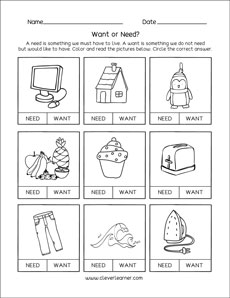 Needs and wants activity sheets for kids