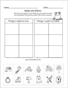 Needs and wants preschool activity sheets