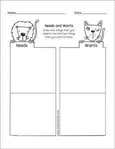 Fun Needs and Wants Kindergarten Sheets for kids