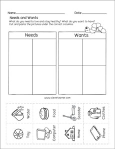 Needs and wants printables for kindergarten children