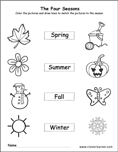 Free preschool activity worksheetson the four seasons