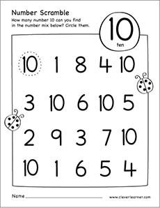 Number scramble worksheets for number 10 preschool children