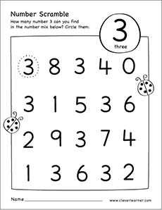 Number 3 Jumbled numbers worksheets for preschool kids