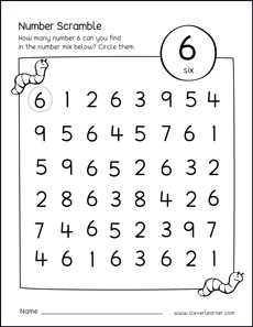 Free Number scramble worksheets for number isx Pre-K kids