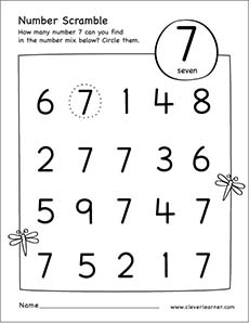 Free Number scramble printable for number seven Pre-K kids