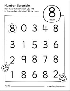 Free Number scramble worksheets for number 8 homeschool children