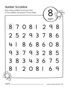 Free Number scramble worksheets for number 8 kindergarten children