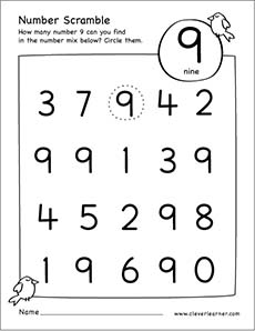 Free Number scramble worksheets for number 9 preK children