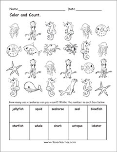 Fre e Sea Creatures activity sheets for kindergarten kids