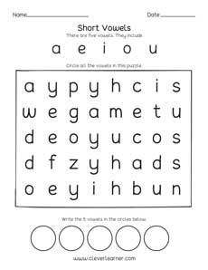 Short vowsel sounds puzzle activity sheets for kids