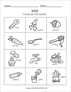 Solids gases and liquids kindergarten STEM worksheets