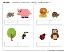 Compare sizes, smaller or bigger preschool activity worksheets