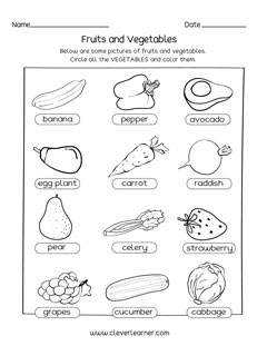Fruits and veggies sorting worksheets for preschool children