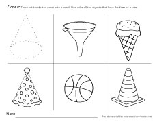 Free PreK Three-Dimension Cone Shape and Form Worksheets