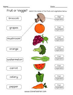 Fruits and veggies identification worksheets for first grade kids