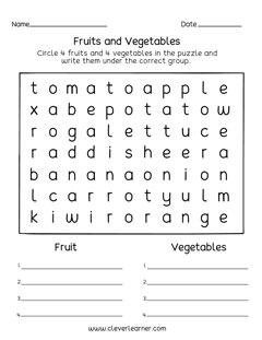 Fruits and veggies scramble puzzle for kindergarten and first grade students