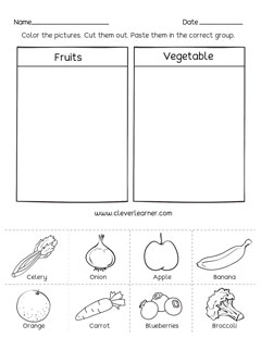 Fruits and veggies sorting worksheets for preschool children