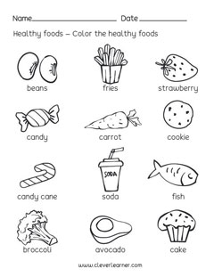 Free preschool activities on Healthy and Unhealthy foods worksheets