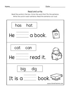 simple sentence writing and reading activity worksheets for kids