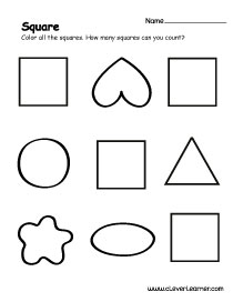 Square shape identification worksheets for homeschool children