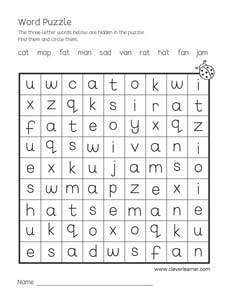 Free three-letter word puzzle worksheets for children with vowel a