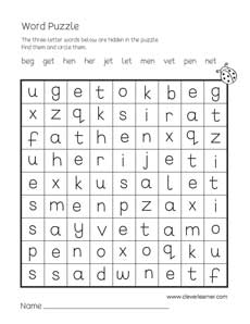 Free three-letter word puzzle worksheets for children with vowel e