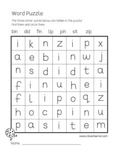 Free three-letter word puzzle worksheets for children with vowel i