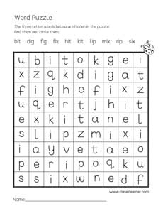 Free three-letter word puzzle worksheets for children with vowel i
