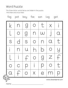 Free three-letter word puzzle worksheets for children with vowel o