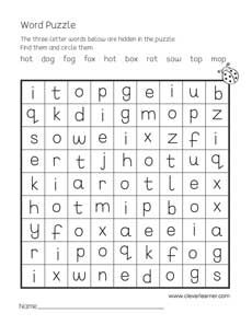 Free three-letter word puzzle worksheets for children with vowel o