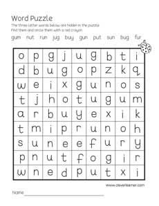 Free three-letter word puzzle worksheets for children with vowel U