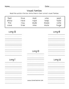 Vowel family activity sheets for first grade