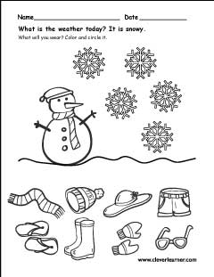 What to wear on a Cold Snowy day Free Kindergarten worksheets